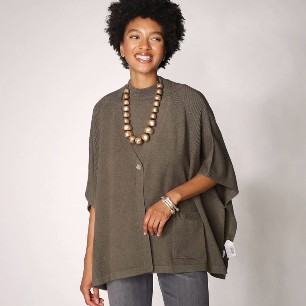 MarlaWynne Olive Green Button-Up Poncho Cardigan Rib Detail